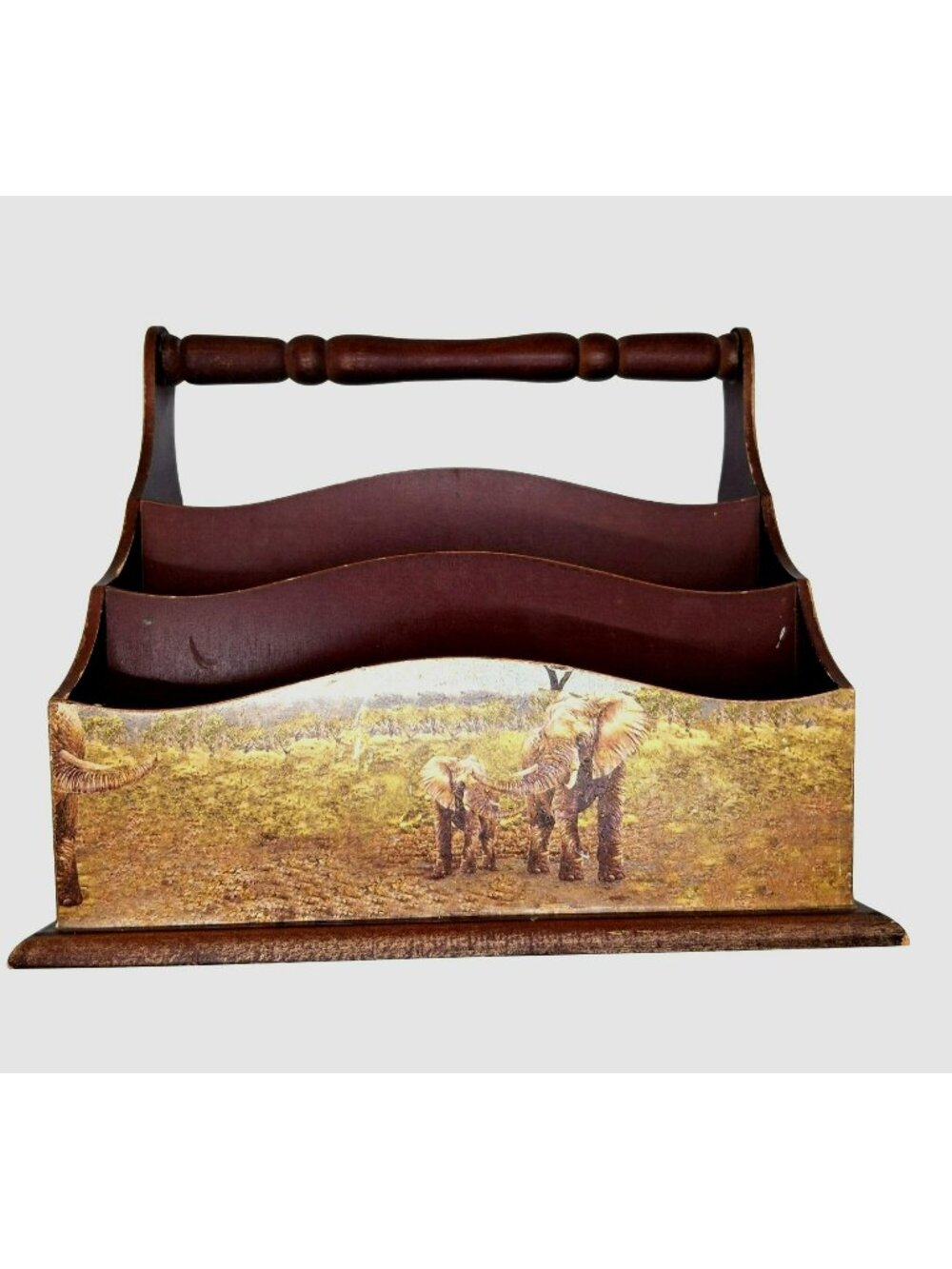 Wooden Office Letter Desk Portable Organizer 3 Compartments Elephant Motif VTG